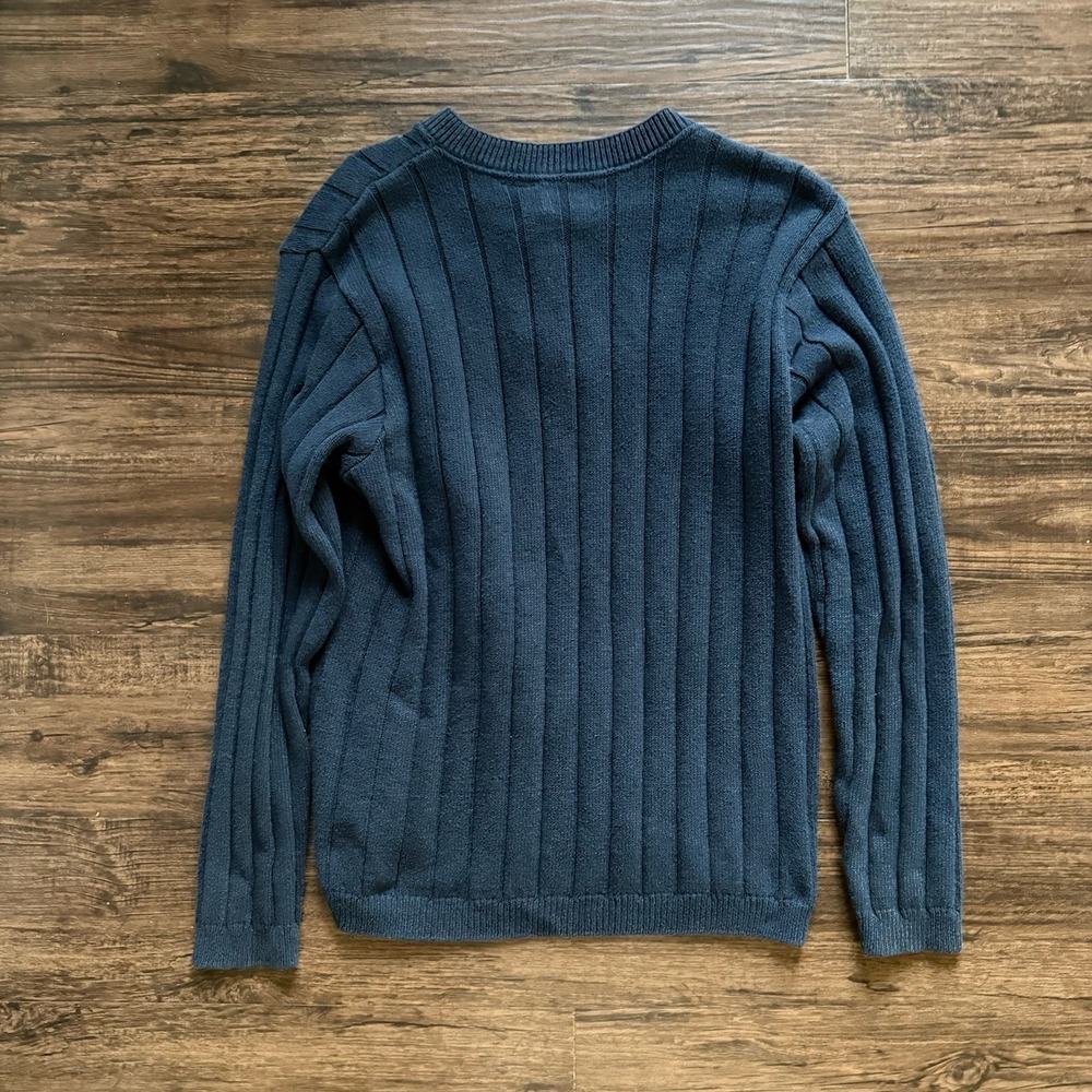 Haggar Men's Henley Sweater Large Navy Melange Ribbed Knit Long Sleeve Blue - Picture 4 of 5